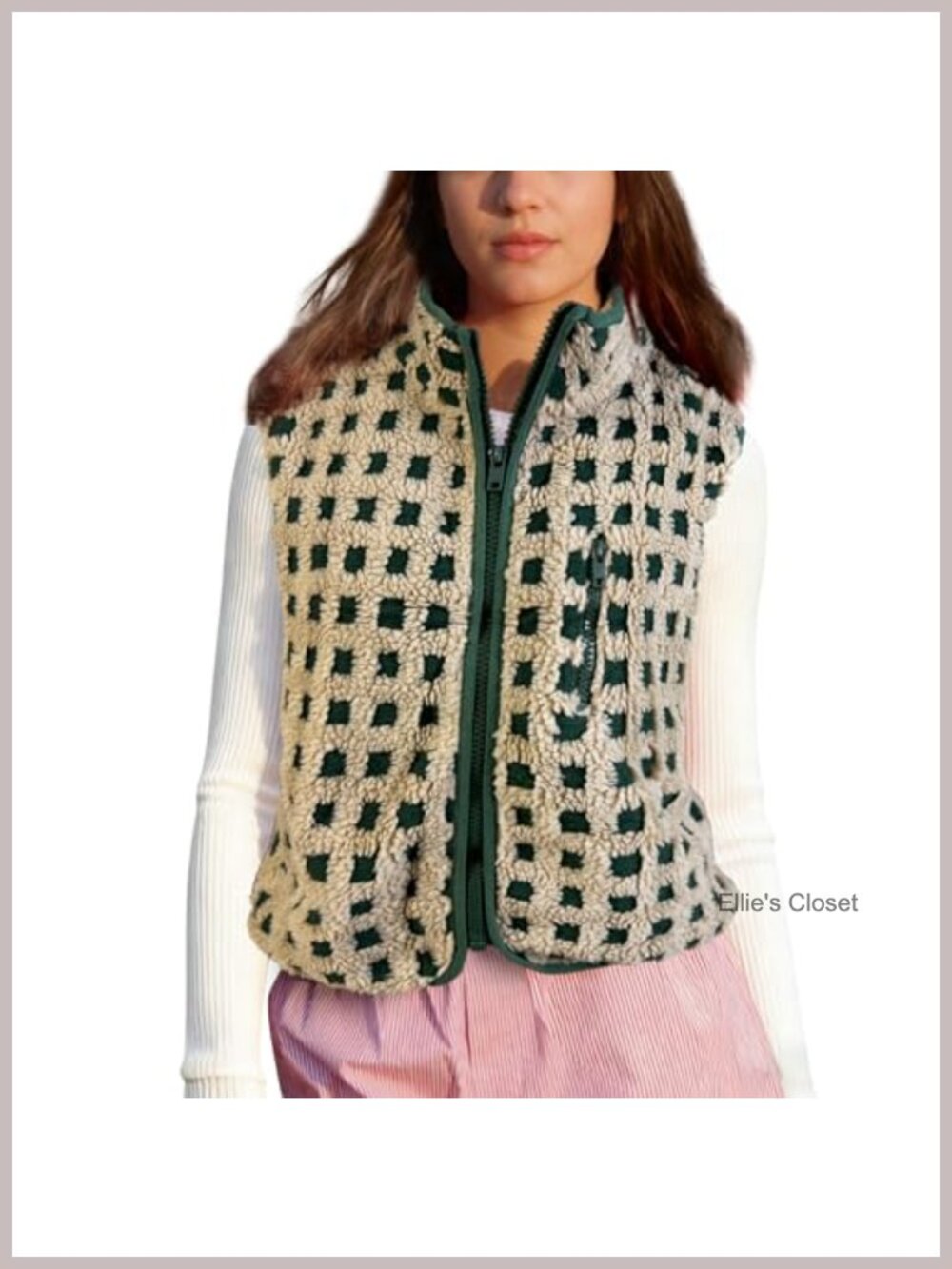 Plaid Fleece Sherpa Vest Sleeveless Zip Up Winter Jacket